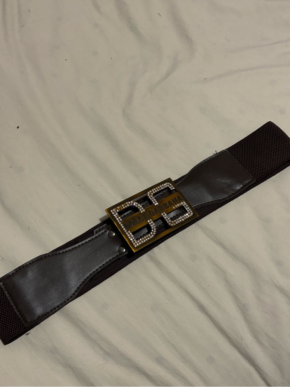 Dolce & Gabbana Brown Elastic Belt with Gold Crystal DG Buckle